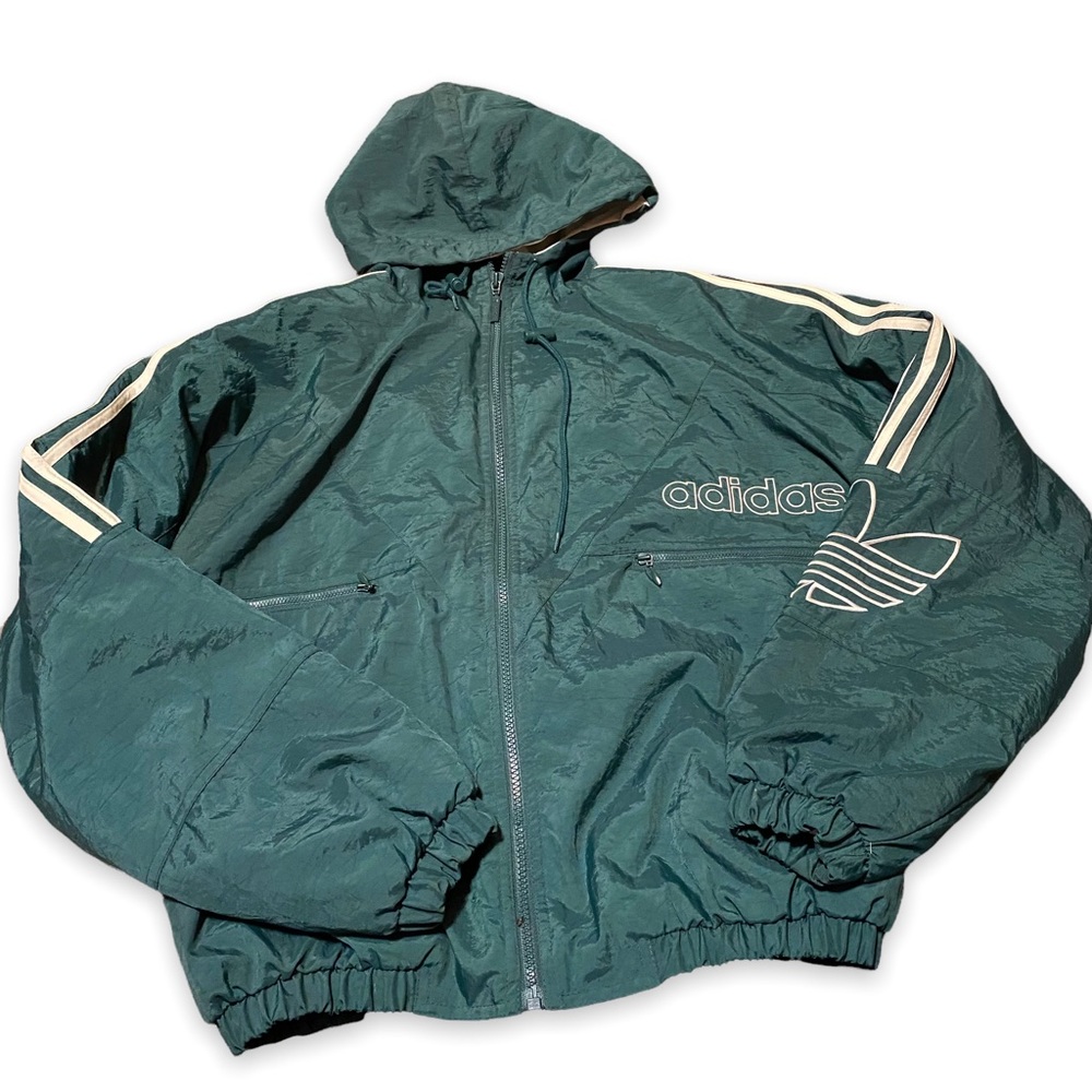 Adidas Vintage Mens Small 90s Puffer Jacket Hood Full Zip Coat 3 Stripe Trefoil